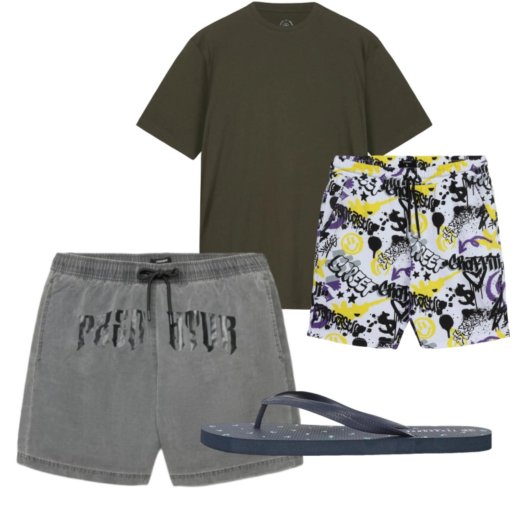Outfit uomo - Total look #2452665. Stile Casual per Mare. Abbinamento con bermuda, sandali, pantaloni corti, t-shirt.