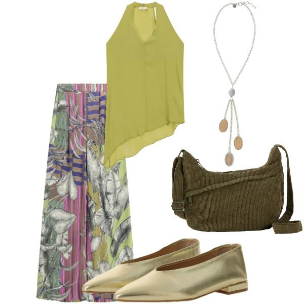 Outfit donna - Serata tra amici. Stile Casual chic per Serata fuori. Abbinamento con borse a tracolla, top, collane, ballerine, pantaloni a palazzo.