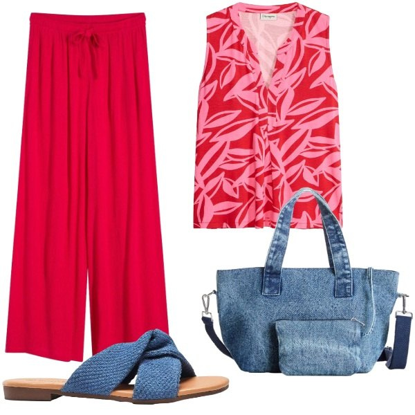 Outfit donna - Estate di colori. Stile Casual per Tutti i giorni. Abbinamento con pantaloni, top, ciabatte, borse a mano.