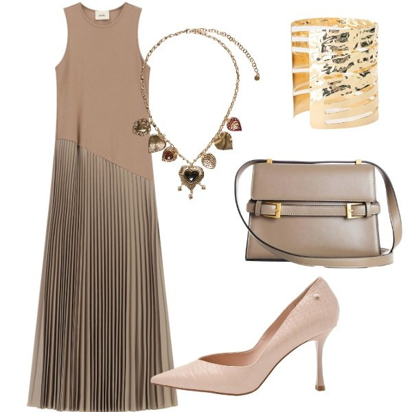 Outfit donna - Matrimonio in vista. Stile Chic per Cerimonia. Abbinamento con borse a tracolla, vestiti lunghi, braccialetti, décolleté, collane.