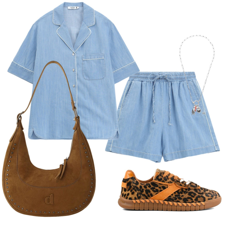 Outfit donna - Agosto. Stile Trendy per Tutti i giorni. Abbinamento con camicie a manica corta, shorts, borse a spalla, ciondoli, sneakers.