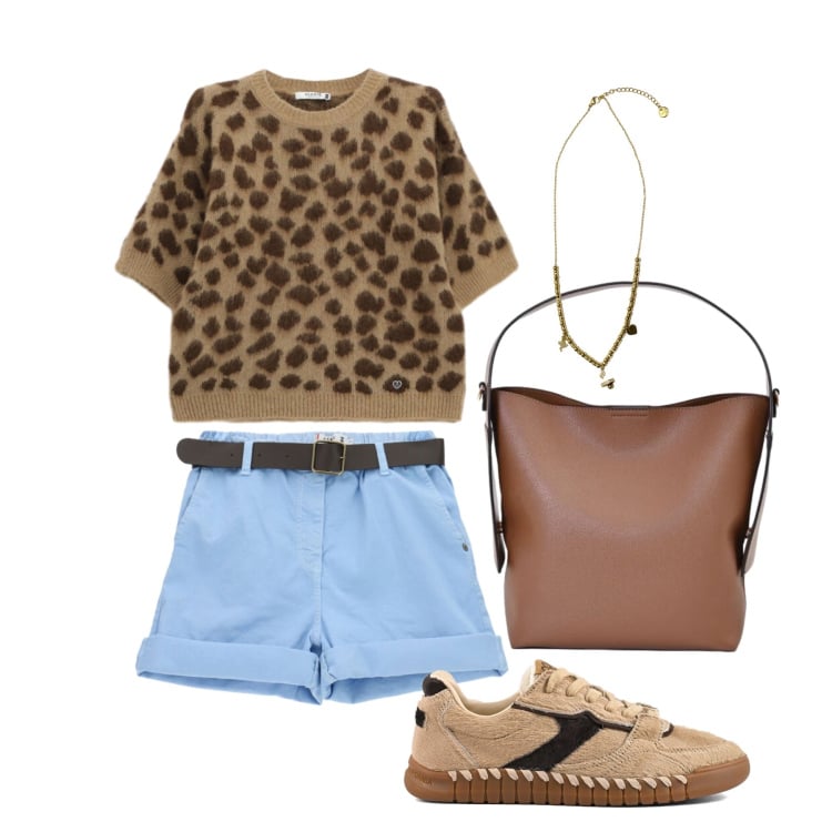 Outfit donna - Agosto. Stile Casual chic per Tutti i giorni. Abbinamento con shorts, maglieria, borse a mano, ciondoli, sneakers.