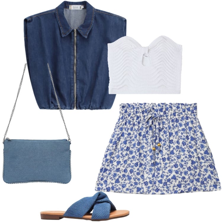 Outfit donna - Agosto. Stile Casual chic per Tutti i giorni. Abbinamento con ciabatte, borse a tracolla, shorts, top, gilet.
