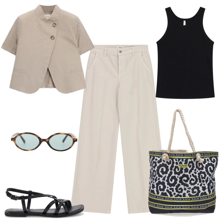 Outfit donna - Metropolitan Escape. Stile Urban per Tutti i giorni. Abbinamento con occhiali da sole, top, blazer, pantaloni a palazzo, borse a tracolla, sandali.