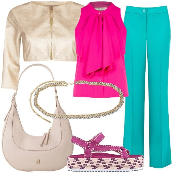Outfit donna - outfit curvy colori accesi. Stile Casual chic per Tutti i giorni. Abbinamento con borse a tracolla, cinture, pantaloni a palazzo, canottiere, bolero, sandali.