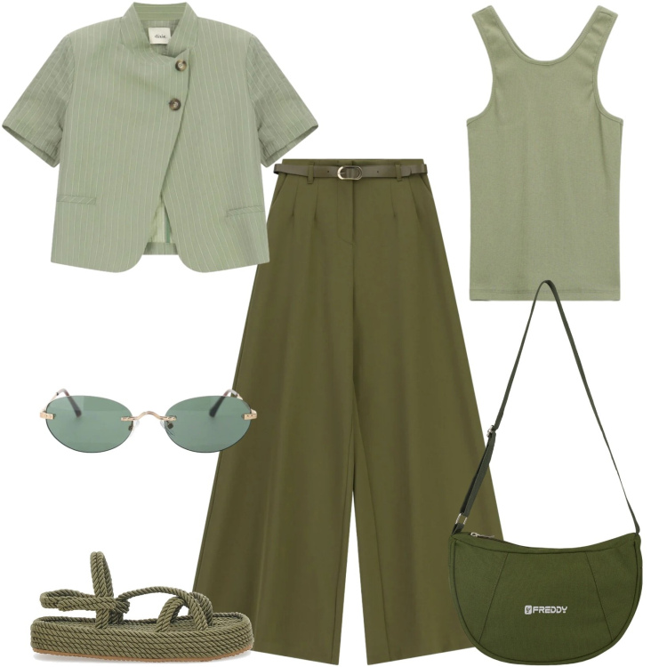 Outfit donna - Metropolitan Escape. Stile Urban per Tutti i giorni. Abbinamento con pantaloni a palazzo, occhiali da sole, blazer, top, borse a spalla, sandali.