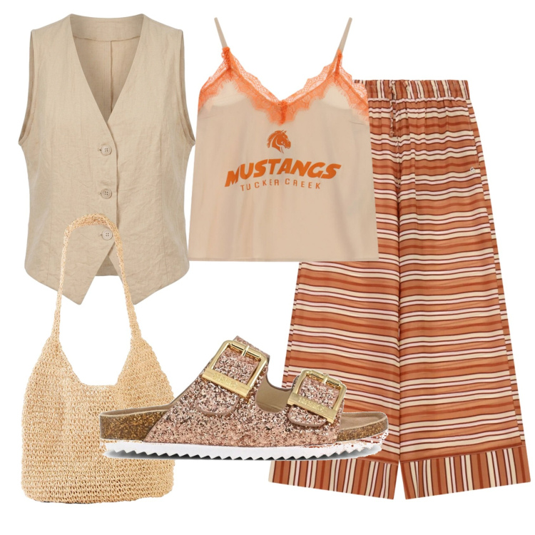 Outfit donna - Total look #2452736. Stile Boho per Tutti i giorni. Abbinamento con shopping bag, pantaloni a palazzo, top, gilet, sandali.
