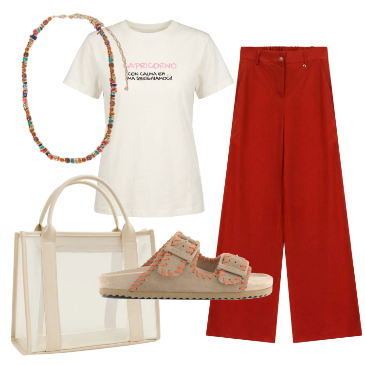 Outfit donna - Total look #2452744. Stile Basic per Tutti i giorni. Abbinamento con pantaloni a palazzo, borse tote, collane, t-shirt, sandali in pelle.