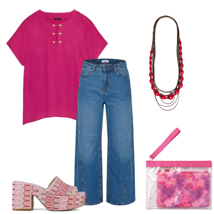 Outfit donna - Total look #2452745. Stile Casual per Tutti i giorni. Abbinamento con pochette, jeans, t-shirt, collane, sabot.