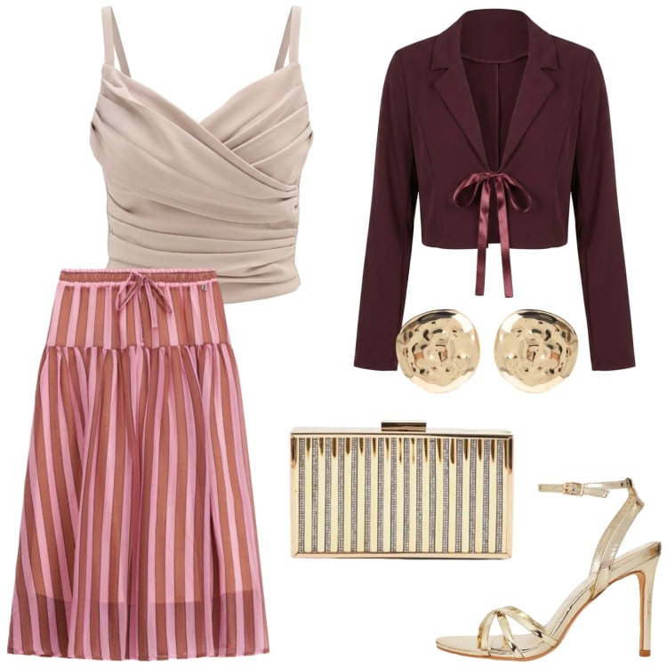 Outfit donna - Invito a cena. per Serata fuori. Abbinamento con orecchini, gonne lunghe, sandali col tacco, clutch, canottiere, blazer.