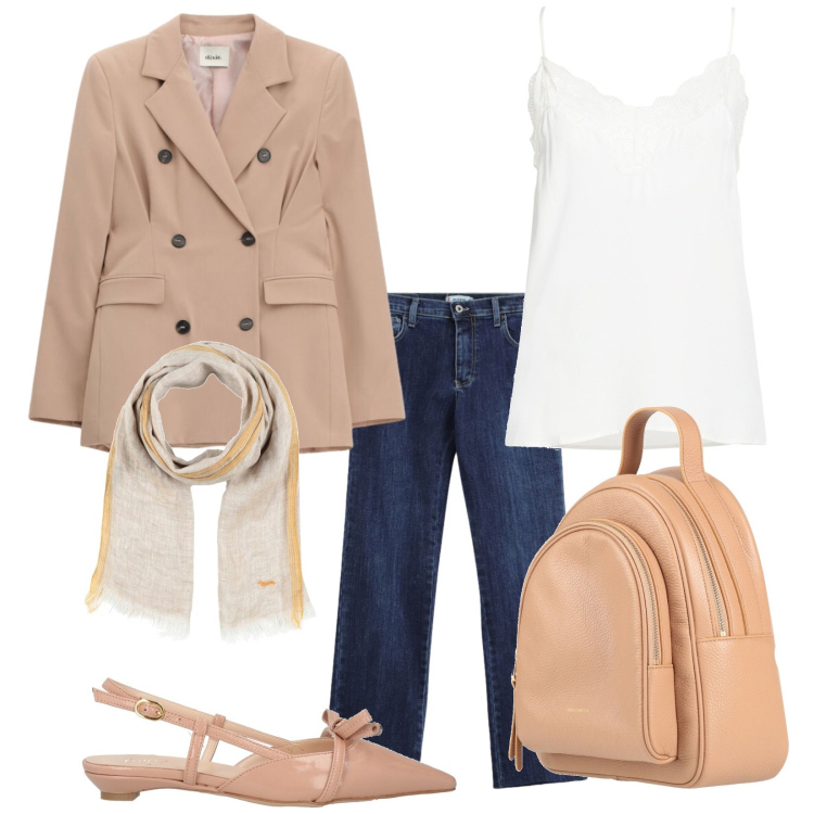 Outfit donna - Total look #2452748. Stile Casual chic per Ufficio. Abbinamento con top, sciarpe, ballerine, zaini, blazer, jeans slim fit.