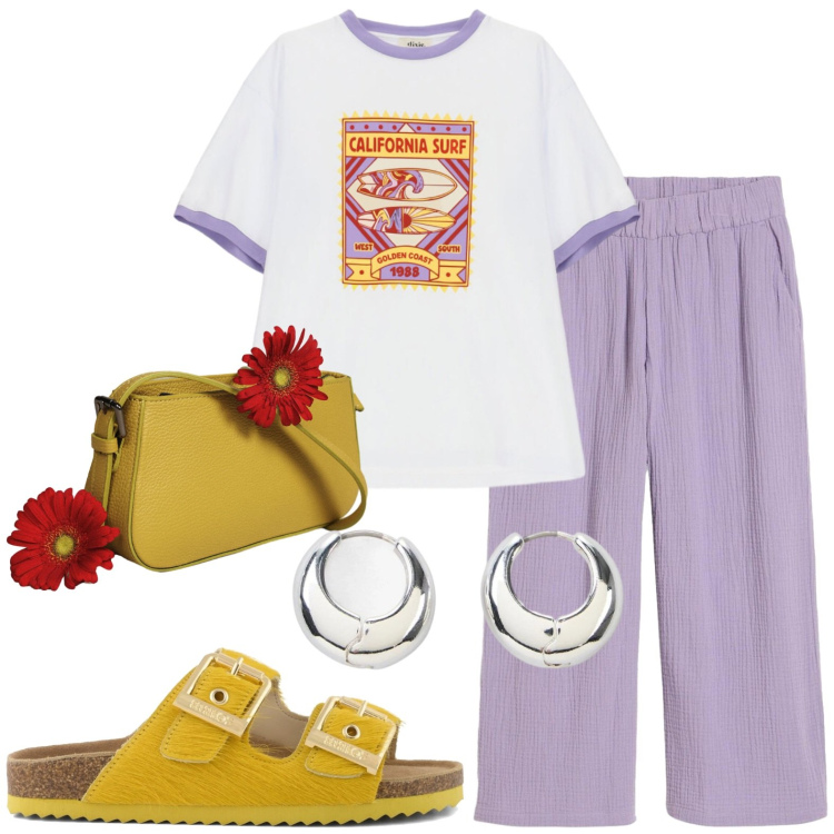 Outfit donna - Sportiva. Stile Sporty chic per Tutti i giorni. Abbinamento con pantaloni, orecchini, borse a spalla, t-shirt, sandali.
