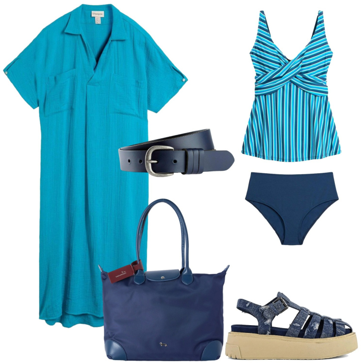 Outfit donna - Total look #2452763. Stile Casual per Mare. Abbinamento con caftani, cinture, costumi interi, shopping bag, sandali.