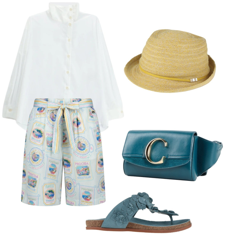 Outfit donna - Cena a Procida. Stile Chic per Serata fuori. Abbinamento con infradito, marsupi, cappelli, camicie, bermuda.