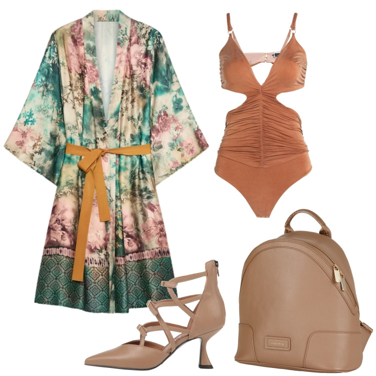 Outfit donna - Un kimono come vestito. Stile Casual chic per Serata fuori. Abbinamento con zaini, body, décolleté, shorts, kimono.