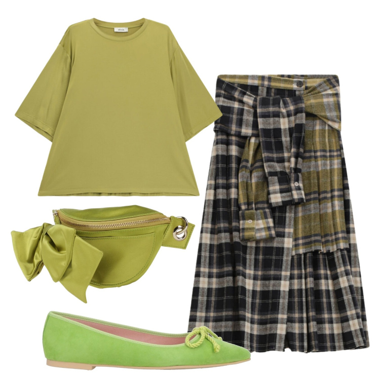 Outfit donna - Total look #2452775. Stile Preppy per Ufficio. Abbinamento con marsupi, ballerine, t-shirt, gonne longuette.