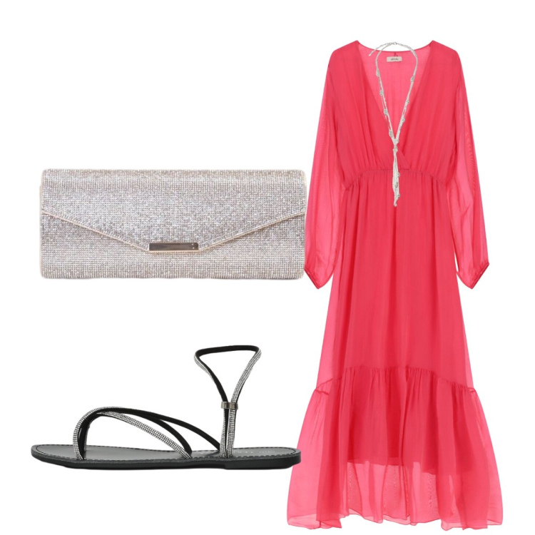 Outfit donna - Una serata piacevole. Stile Romantica per Serata fuori. Abbinamento con vestiti lunghi, sandali, clutch, collane.