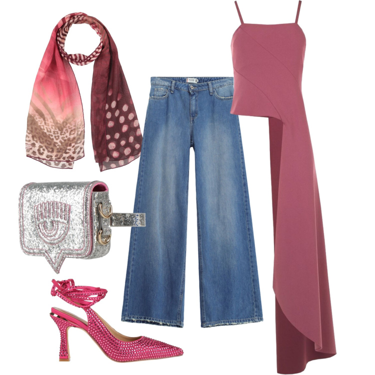 Outfit donna - Agosto. Stile Glamour per Serata fuori. Abbinamento con marsupi, sciarpe, décolleté, jeans dritti, top.