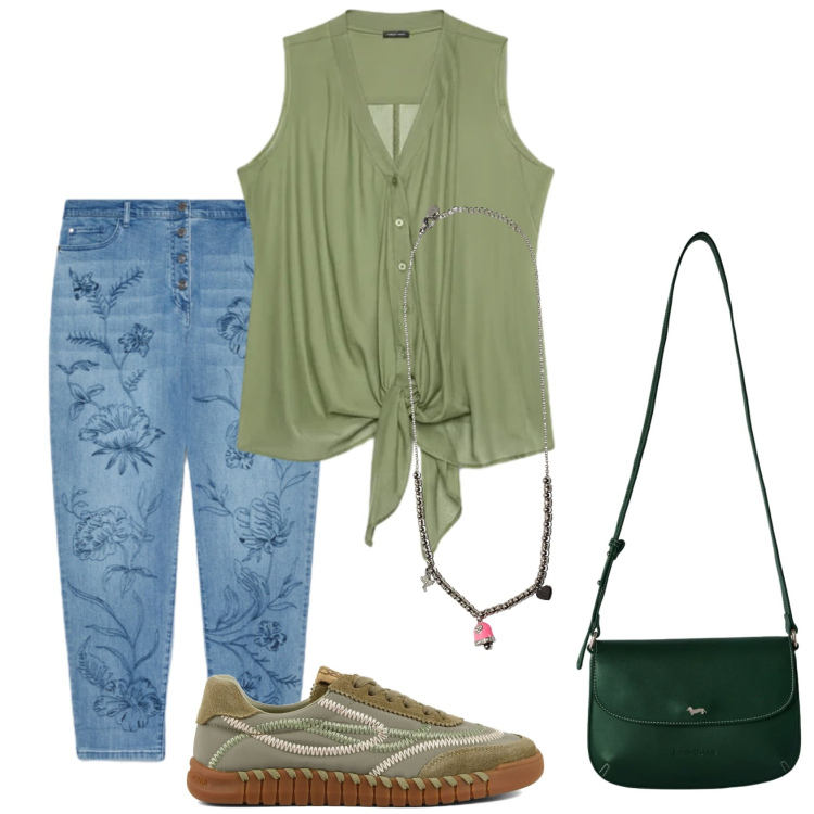 Outfit donna - Total look #2452784. Stile Casual per Tutti i giorni. Abbinamento con borse a tracolla, top, jeans, ciondoli, sneakers.
