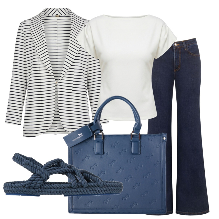 Outfit donna - Total look #2452788. Stile Urban per Ufficio. Abbinamento con espadrillas, blazer, borse a mano, jeans a zampa, t-shirt.