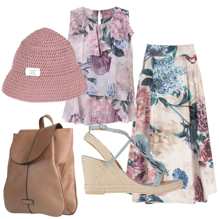 Outfit donna - Total look #2452792. Stile Romantica per Serata fuori. Abbinamento con zaini, cappelli con visiera, espadrillas, gonne longuette, top.