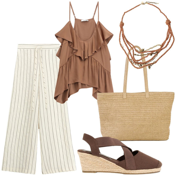 Outfit donna - Ferragosto vista mare. Stile Vintage retrò per Mare. Abbinamento con shopping bag, zeppe, top, pantaloni a palazzo, collane.