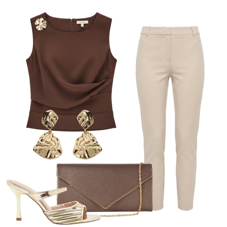 Outfit donna - Dall\'aperitivo alla cena. Stile Chic per Tutti i giorni. Abbinamento con orecchini, sabot, pantaloni skinny, clutch, top.
