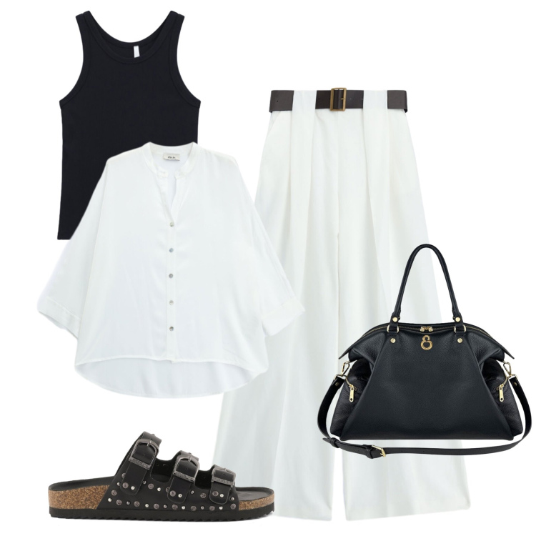 Outfit donna - White metropolitan escape. Stile Trendy per Tutti i giorni. Abbinamento con canottiere, pantaloni a palazzo, camicie, shopping bag, sandali.