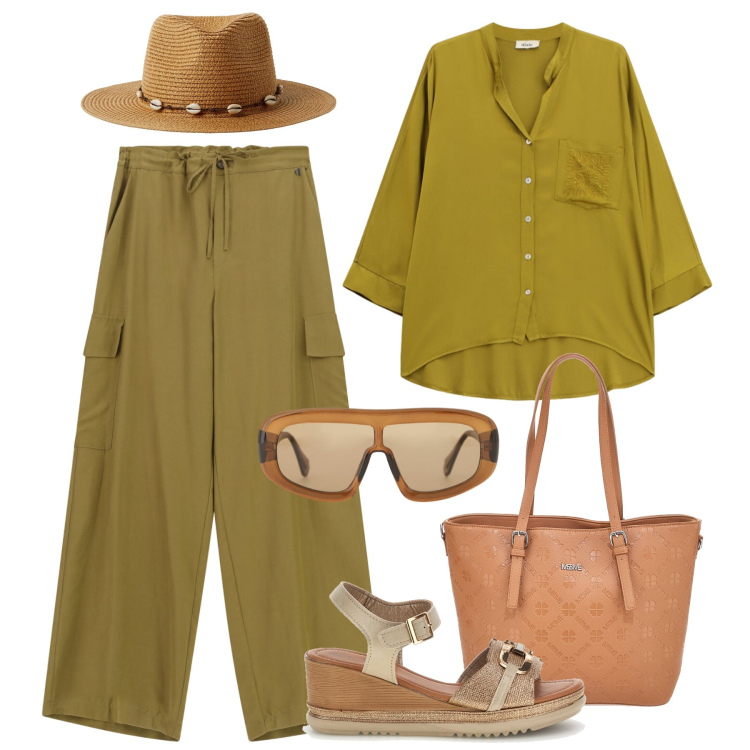 Outfit donna - Total look gita artistica. Stile Casual per Tutti i giorni. Abbinamento con cappelli, occhiali da sole, pantaloni a palazzo, camicie, borse a tracolla, sandali.