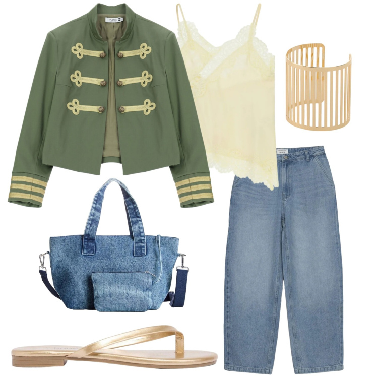 Outfit donna - Aperitivo vista mare. Stile Minimal per Mare. Abbinamento con borse a mano, sandali, braccialetti, top, jeans dritti, cappotti.