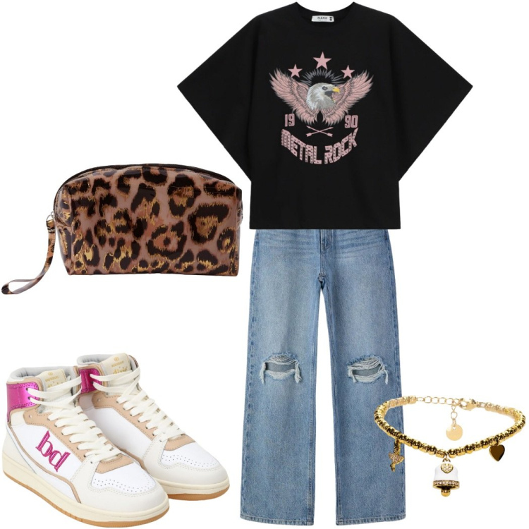 Outfit donna - Outfit per baddie. Stile Basic per Tutti i giorni. Abbinamento con pochette, jeans strappati, t-shirt, sneakers alte, braccialetti.