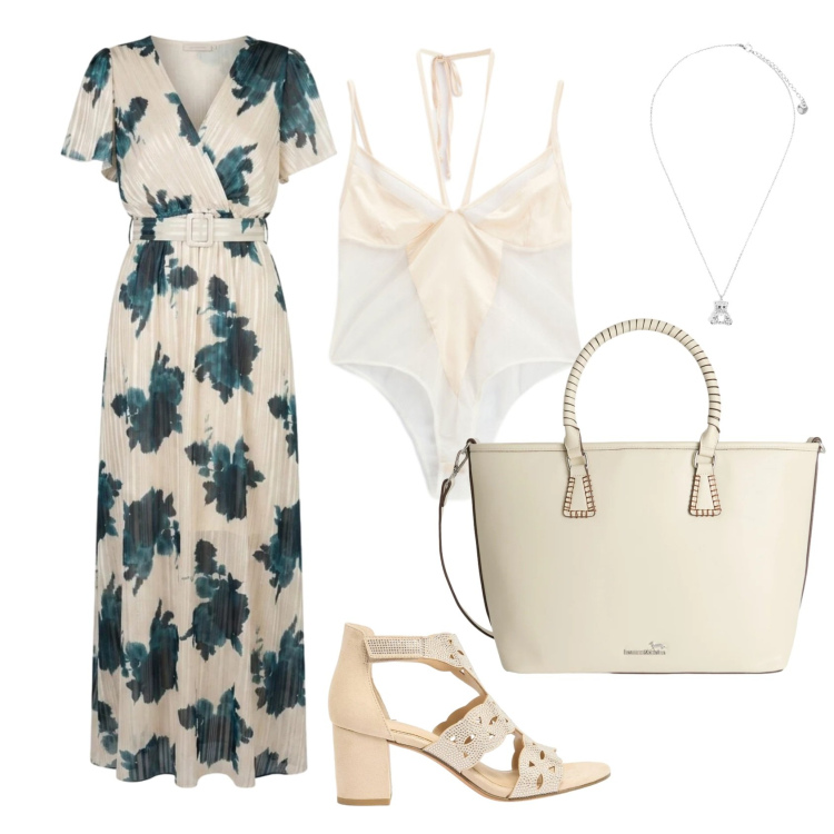 Outfit donna - Total look #2452809. Stile Chic per Cerimonia. Abbinamento con sandali col tacco, shopping bag, body, vestiti lunghi, ciondoli.