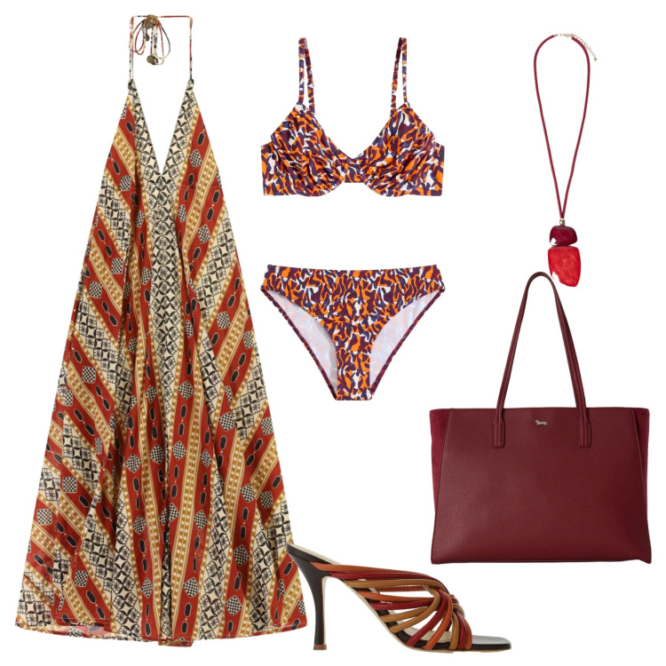 Outfit donna - Total look #2452810. Stile Boho per Mare. Abbinamento con bikini, shopping bag, vestiti lunghi, sandali col tacco, ciondoli.