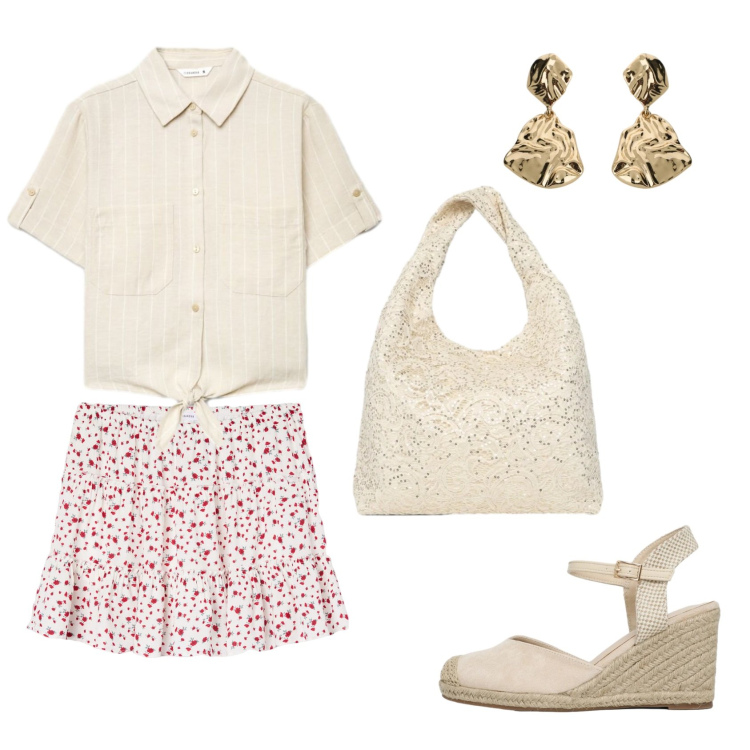 Outfit donna - Total look #2452816. Stile Casual chic per Serata fuori. Abbinamento con orecchini, zeppe, borse a spalla, minigonne, camicie a manica corta.