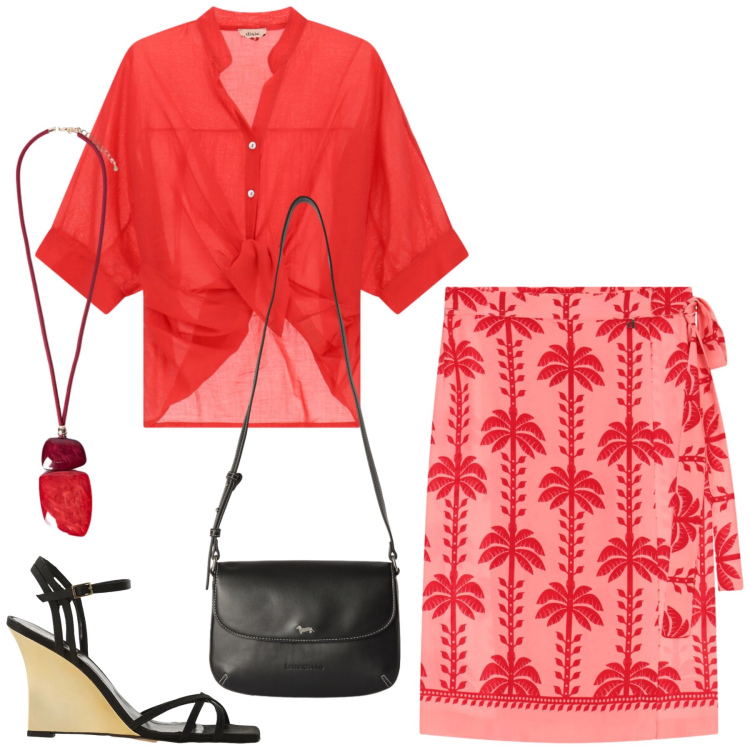 Outfit donna - Palme. Stile Casual chic per Tutti i giorni. Abbinamento con borse a tracolla, gonne longuette, sandali col tacco, camicie, ciondoli.