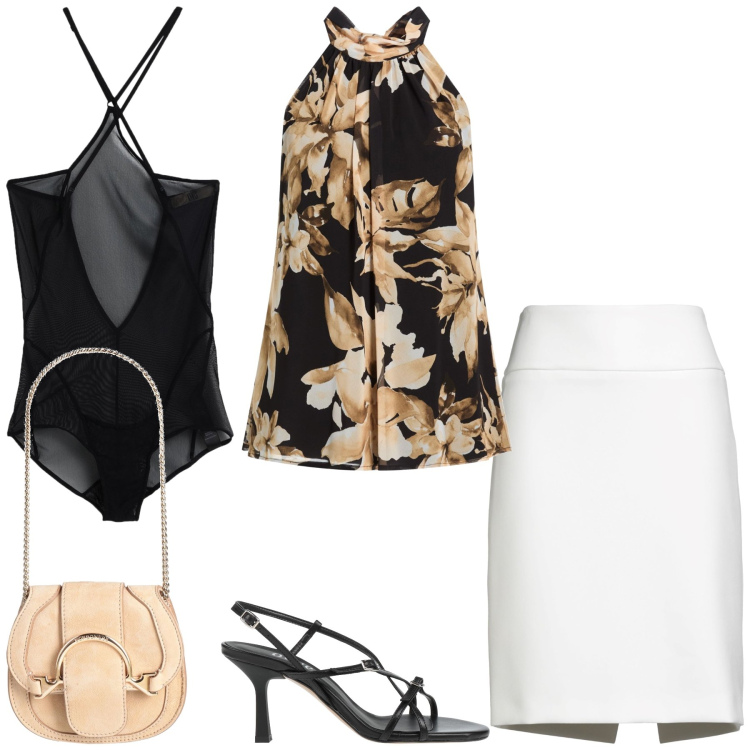 Outfit donna - Aperitivo. Stile Chic per Serata fuori. Abbinamento con top, minigonne, body, marsupi, sandali in pelle.