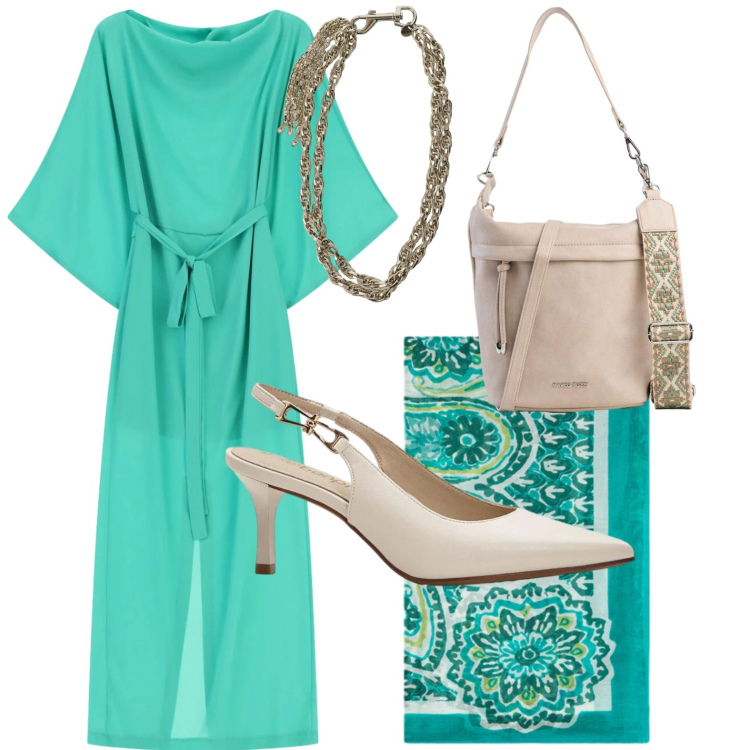 Outfit donna - Colori estivi. Stile Bon Ton per Tutti i giorni. Abbinamento con décolleté, borse a tracolla, vestiti lunghi, collane, foulard.