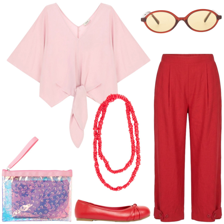 Outfit donna - In vacanza. Stile Casual chic per Tutti i giorni. Abbinamento con ballerine, pochette, occhiali da sole, bluse, collane, pantaloni.