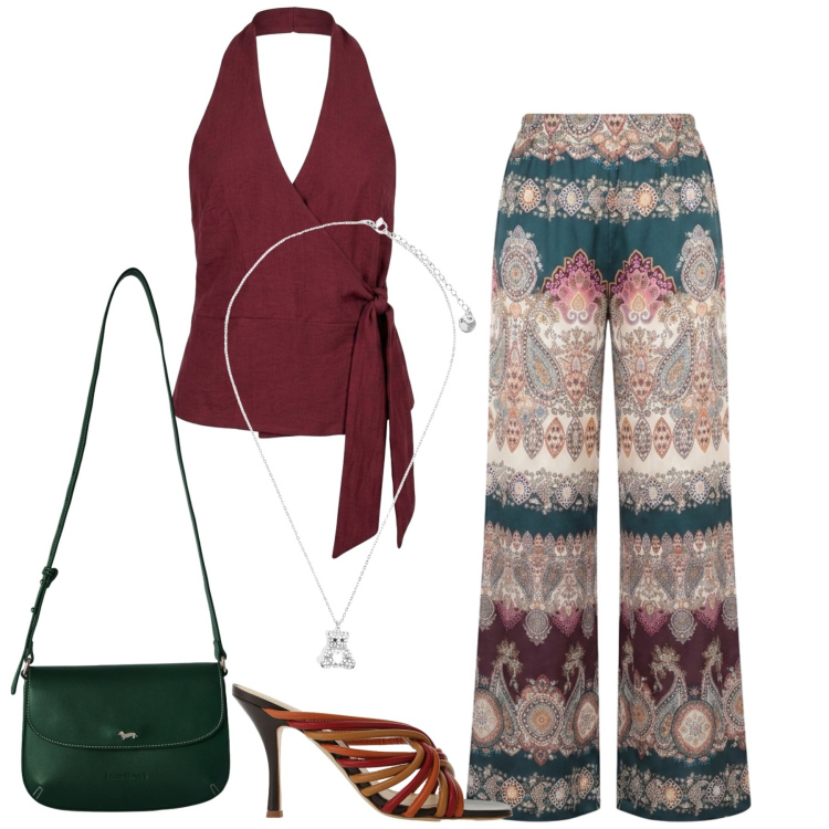 Outfit donna - Serata fuori. Stile Etnico per Serata fuori. Abbinamento con borse a tracolla, sandali col tacco, top, pantaloni a palazzo, ciondoli.