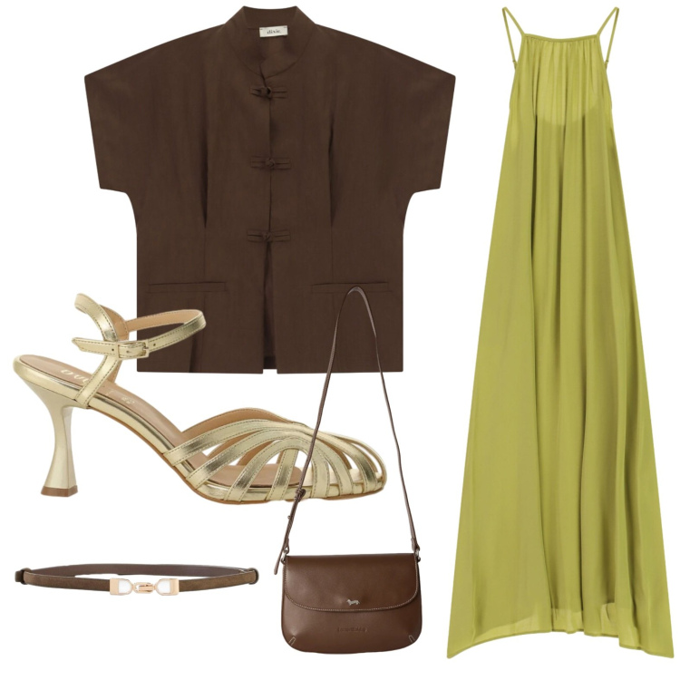 Outfit donna - L\'abito lungo luminoso. Stile Boho per Serata fuori. Abbinamento con cinture, borse a tracolla, sandali col tacco, vestiti lunghi, camicie a manica corta.