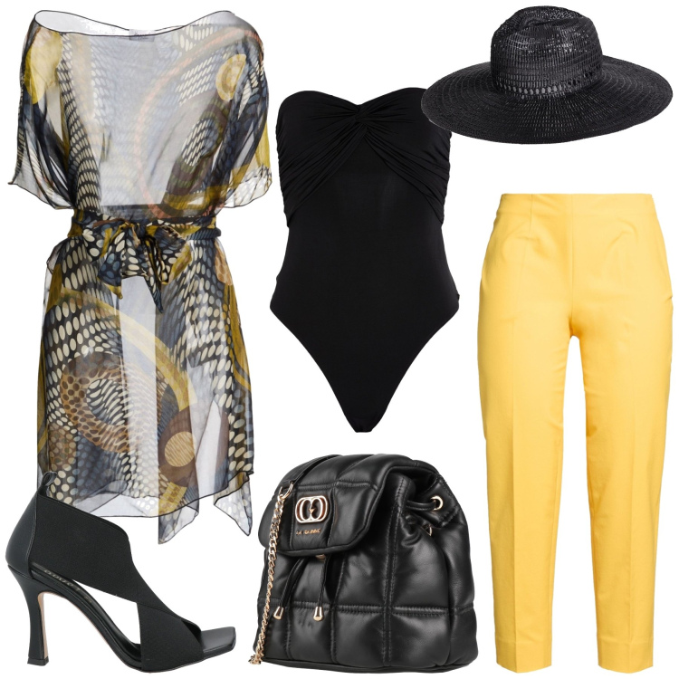 Outfit donna - In vacanza. Stile Chic per Tutti i giorni. Abbinamento con sandali in pelle, top, body, valigie, cappelli, pantaloni.