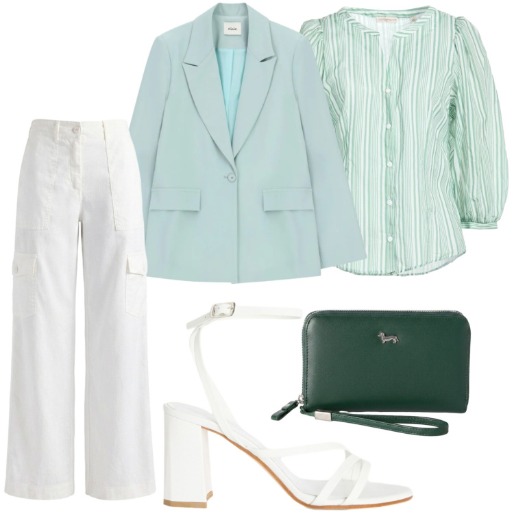 Outfit donna - Ufficio glamour. Stile Glamour per Ufficio. Abbinamento con camicie, sandali in pelle, pantaloni cargo, portafogli, blazer.