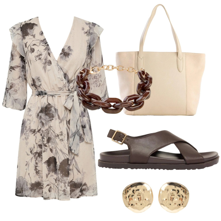 Outfit donna - Toni caldi. Stile Romantica per Tutti i giorni. Abbinamento con sandali in pelle, shopping bag, braccialetti, orecchini, vestiti corti.