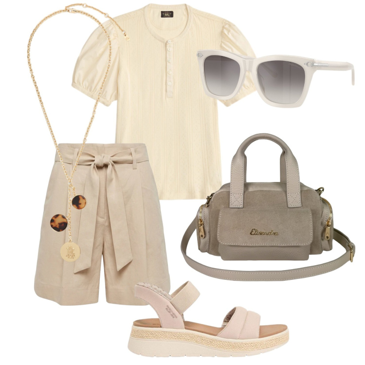 Outfit donna - Tra musei e monumenti. Stile Casual chic per Tutti i giorni. Abbinamento con sandali, bermuda, borse a mano, collane, occhiali da sole, bluse.