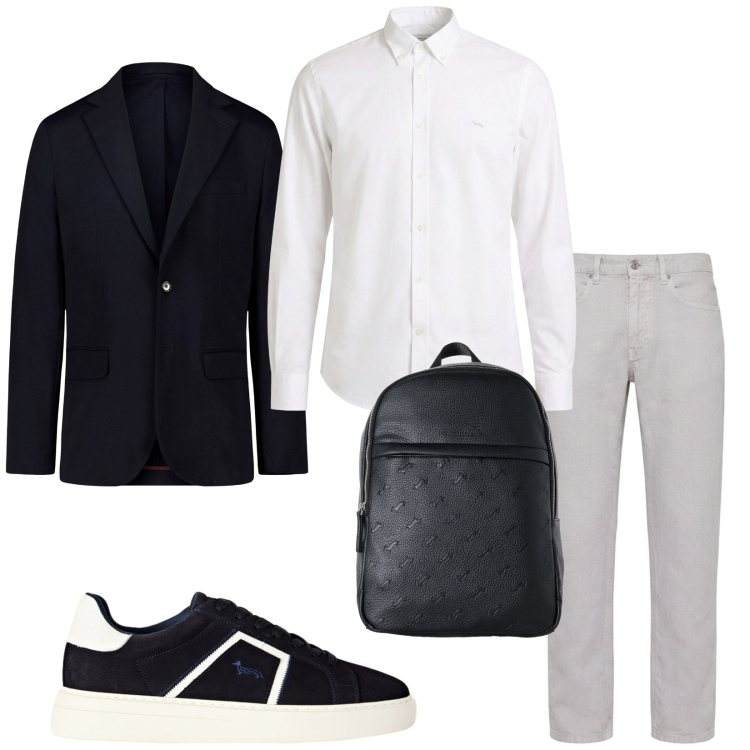 Outfit uomo - Cena fuori d\'estate. Stile Trendy per Serata speciale. Abbinamento con pantaloni, camicie, sneakers, borse sportive, giacche.