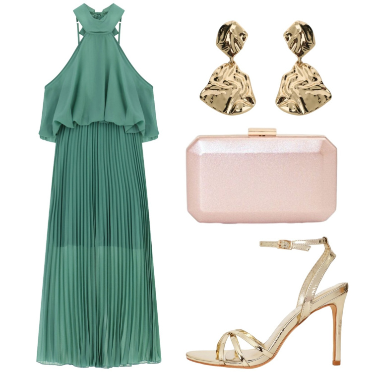 Outfit donna - Aperitivo vista mare. Stile Glamour per Serata fuori. Abbinamento con orecchini, vestiti lunghi, sandali col tacco, clutch.