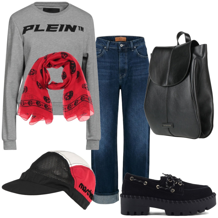 Outfit donna - La sera in montagna. Stile Casual per Tutti i giorni. Abbinamento con cappelli, zaini, sciarpe, felpe, jeans dritti, mocassini.