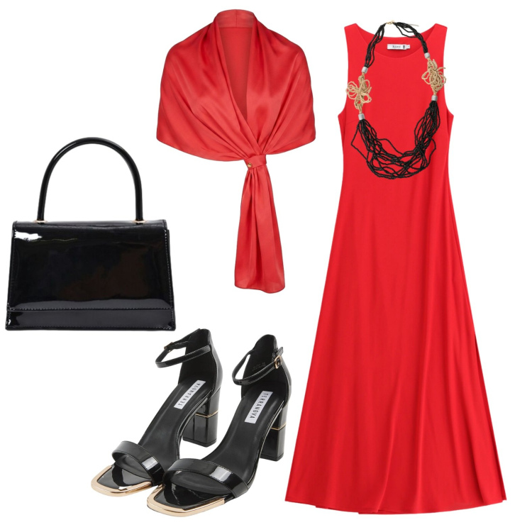 Outfit donna - Chic. Stile Chic per Serata fuori. Abbinamento con sabot, vestiti lunghi, collane, stole, borse a mano.