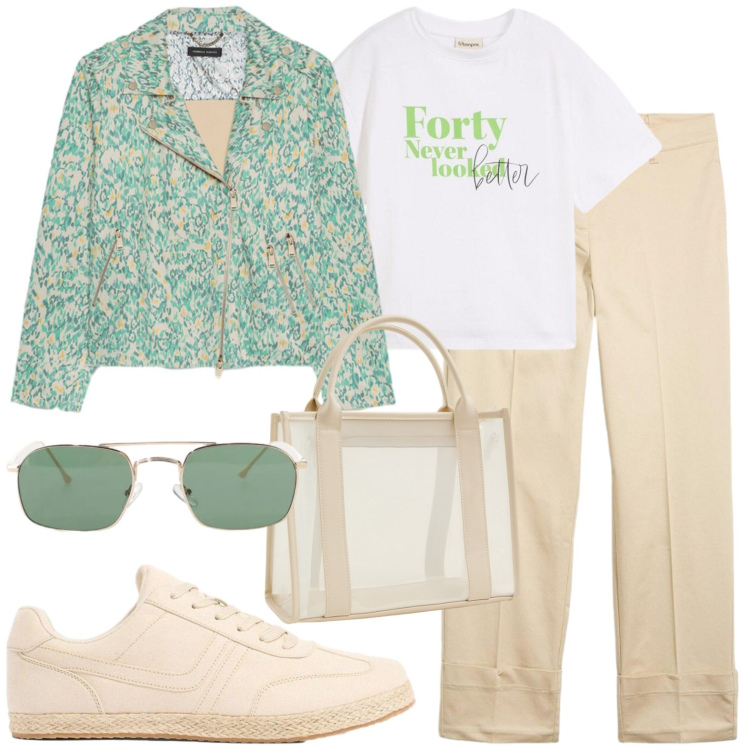 Outfit donna - Casual. Stile Casual per Tutti i giorni. Abbinamento con pantaloni chino, t-shirt, sneakers, occhiali da sole, borse tote, blazer.