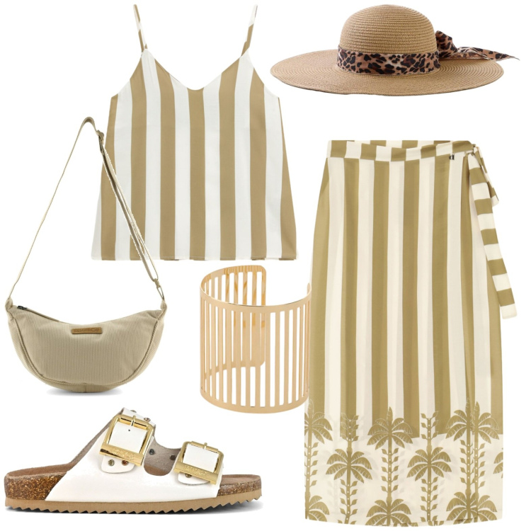 Outfit donna - Mare. Stile Casual per Mare. Abbinamento con cappelli, braccialetti, top, gonne lunghe, sandali, borse a tracolla.